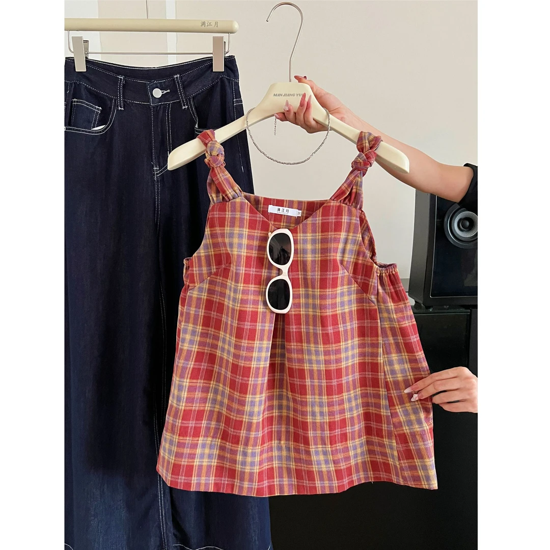 设计感扭结格子吊带背心女夏季2025新款外穿泰式独特绝美无袖上衣