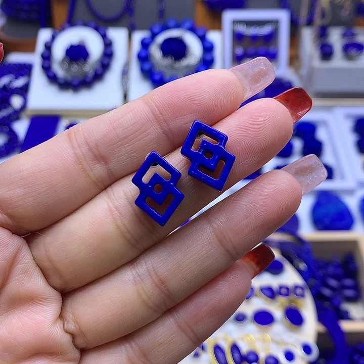 青金石耳钉银S925镶嵌卍****卍