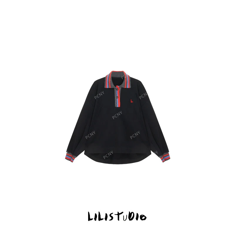 PCNY不理理“彩条翻领”重磅时尚宽松休闲撞色半开领POLO领卫衣