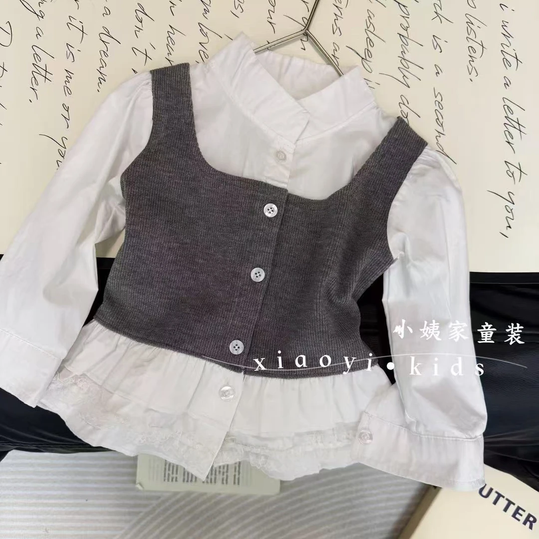 【假两件】女童假两件上衣拼色开扣拼接常规韩版女童长袖秋季春秋