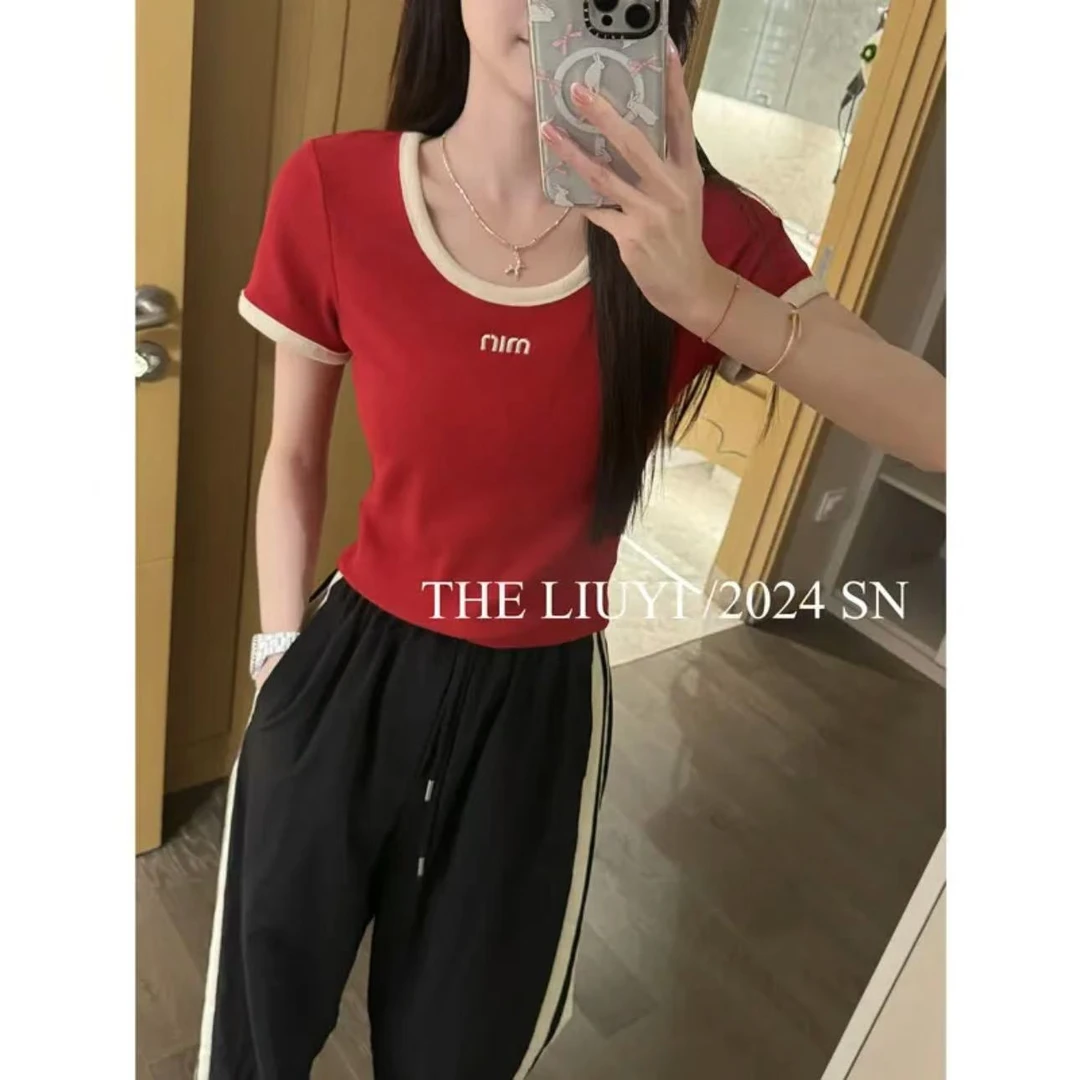 【LIUYI】冰荔枝~撞色刺绣字母T恤46097