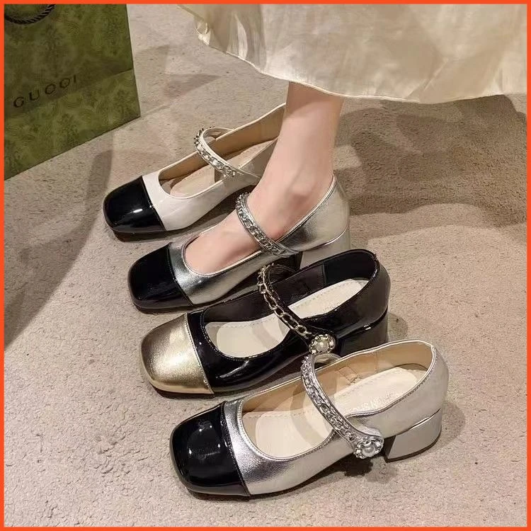 2025秋季新款小香风一脚蹬百搭方头单鞋一字带玛丽珍女鞋低跟粗跟