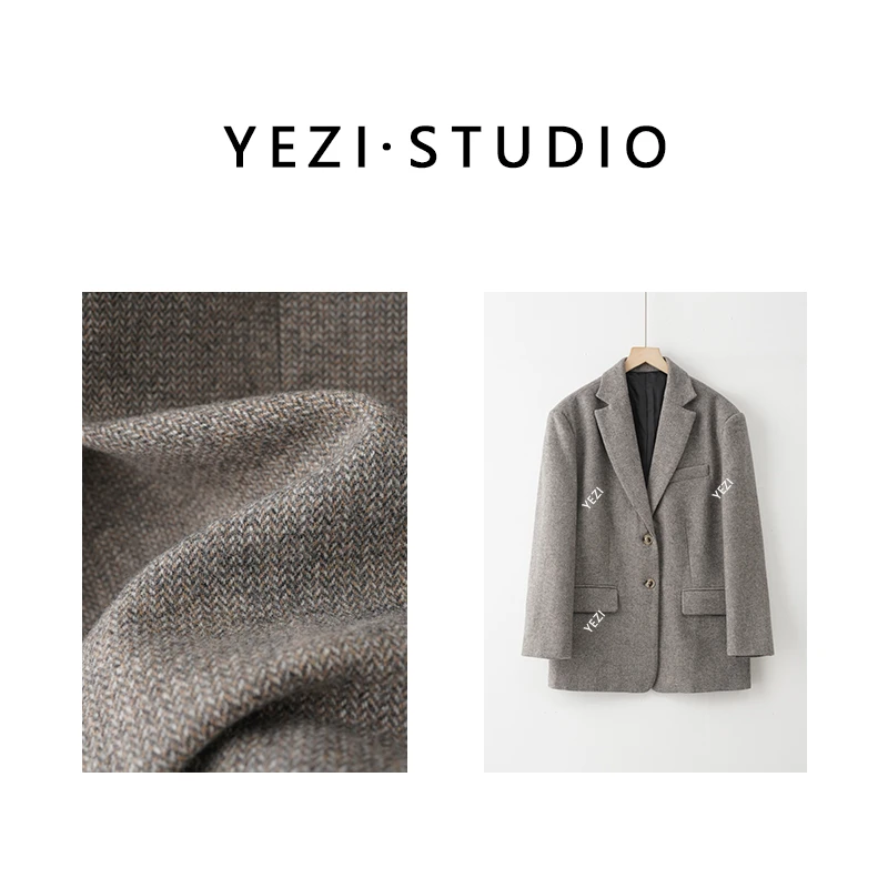 叶子定制-【英伦街头】廓形人字纹宽肩羊毛西服外套24415603-1/12