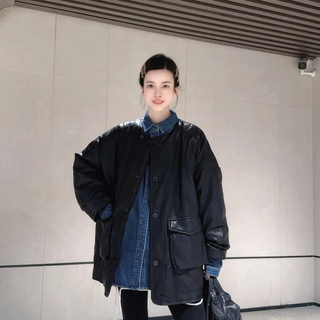 【芬芬】冬季羽绒服新款含棉PU仿皮时髦风衣外套时尚洋气