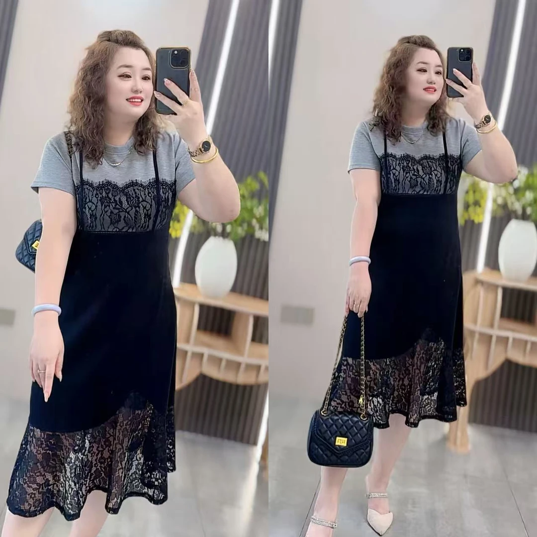 8078（丹姐家）秋款拼接短袖连衣裙设计感小众宽松百搭遮肉长裙子