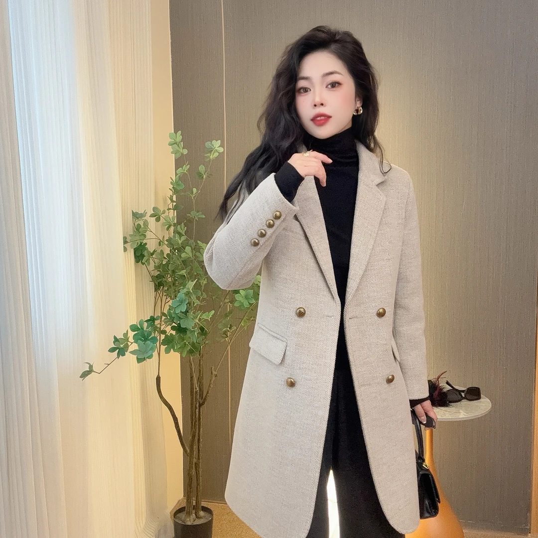 C.G 冬季女装长款气质显瘦羽绒大衣女斜纹绵羊毛呢女外套90白鸭绒