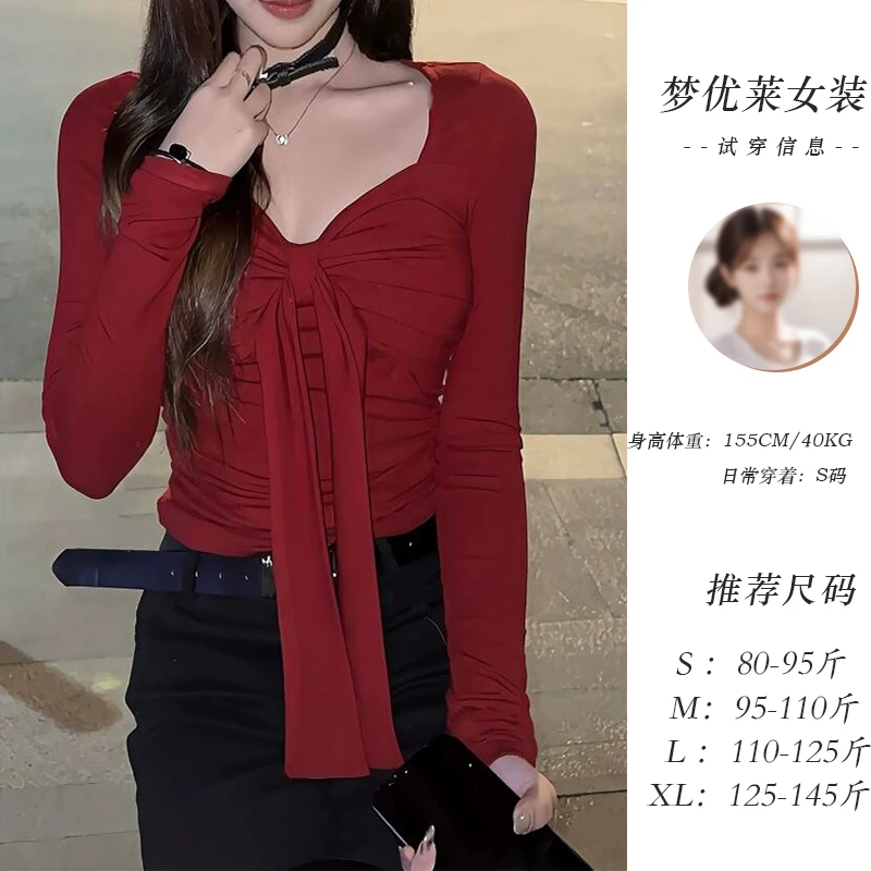 梦优莱美式性感辣妹红色打底衫内搭T恤新款低领修身显瘦上衣女