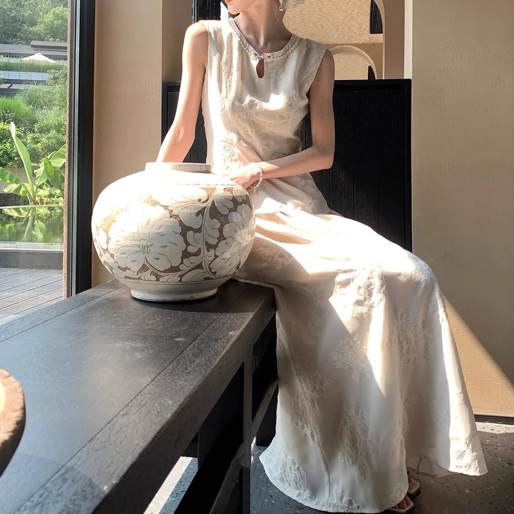 轻中式绣花无袖背心女夏季雪纺a字半裙套装