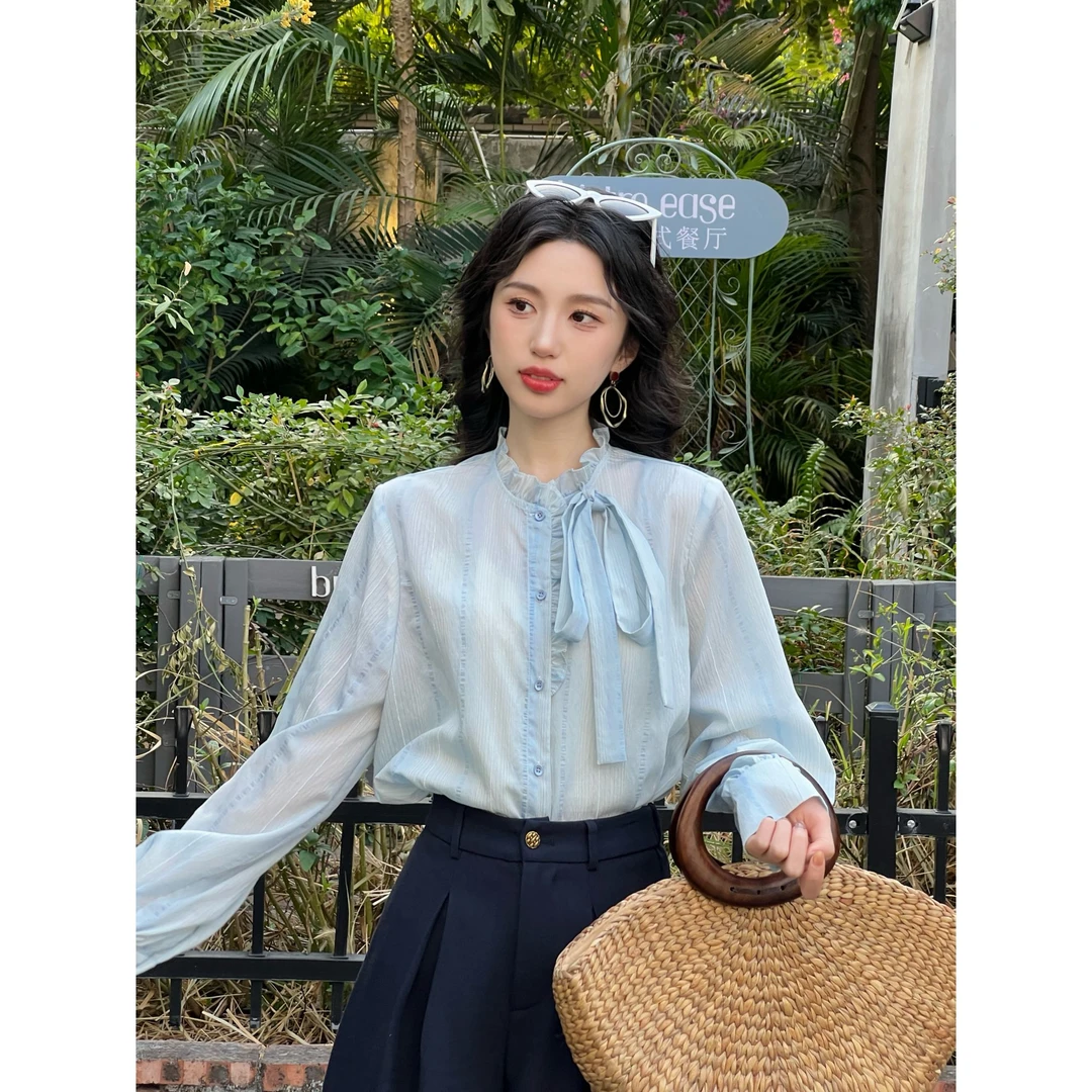 琦琦【风柒的蓝】港风复古纯色长袖衬衫宽松百搭上衣YE0706225