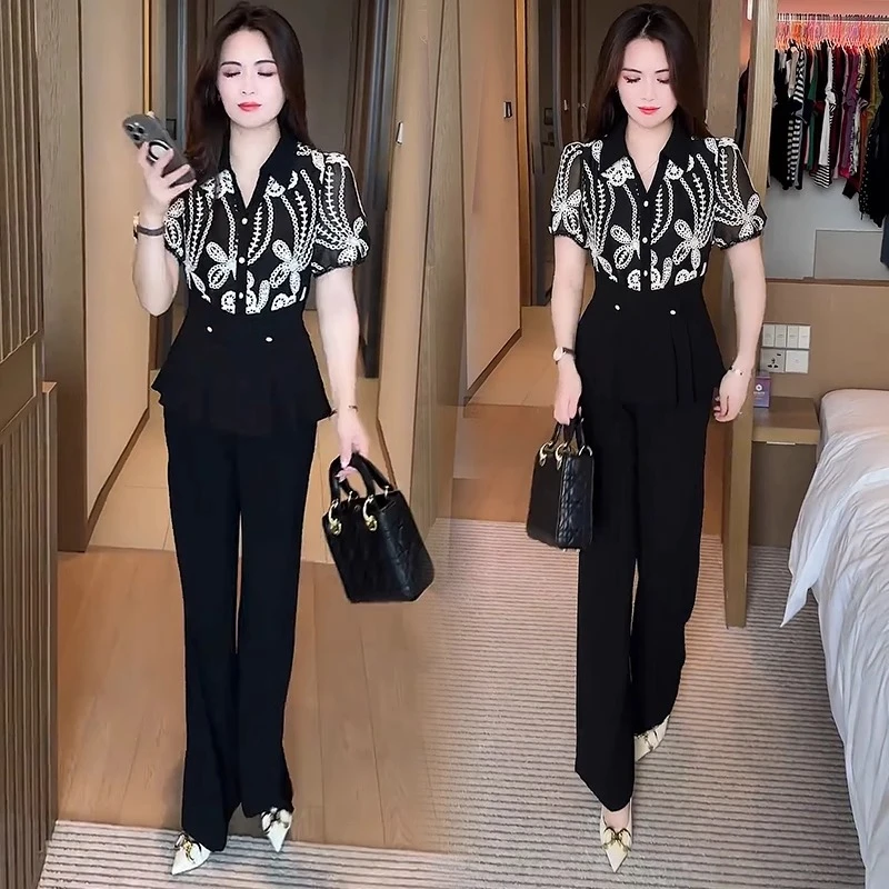 休闲风常规洋气夏季套装西装短袖气质山本风侘寂风通勤风印花衫