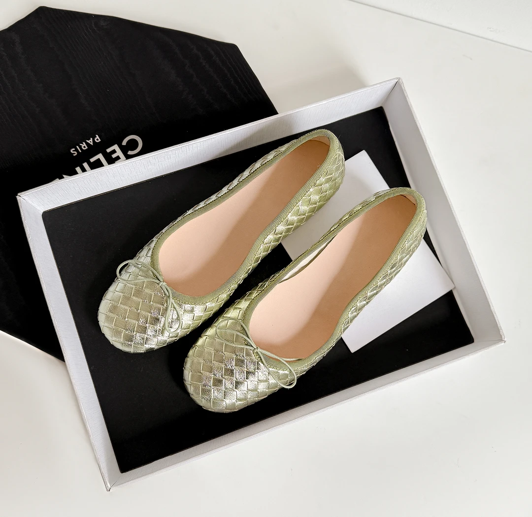 手工编织浅口粗跟芭蕾风单鞋女2025夏季新款蝴蝶结圆头中跟奶奶鞋