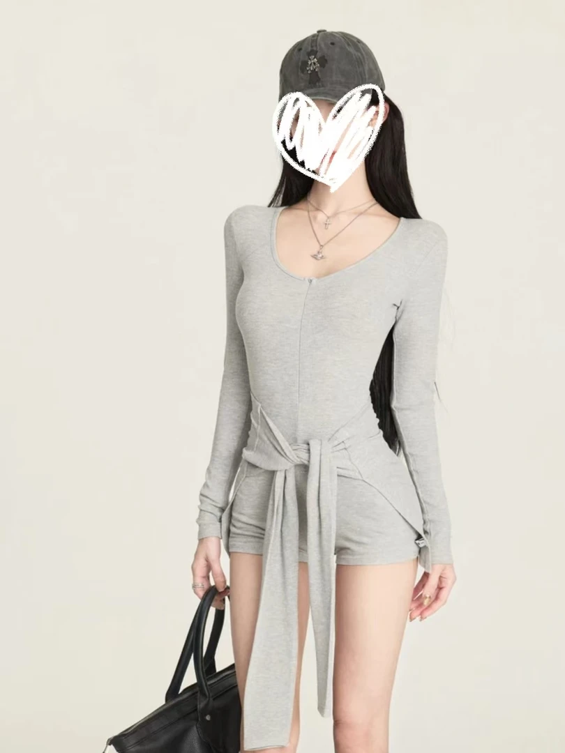 【现货专属】6637腰部绑带两件套长袖紧身显瘦拉链连体衣修身6637