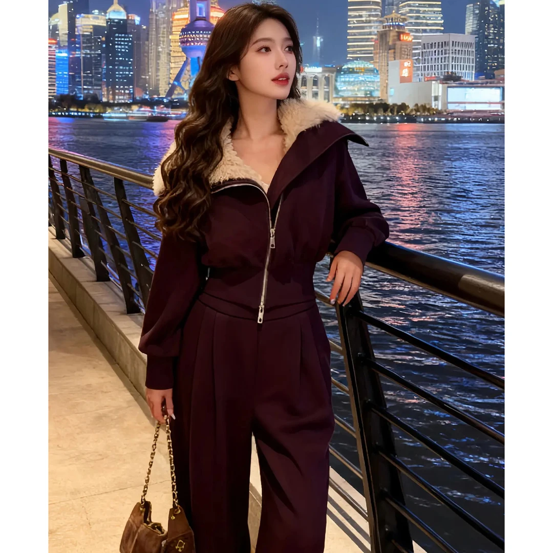 2025秋冬新款韩版大翻领加绒加厚卫衣外套高腰阔腿休闲裤两件套女