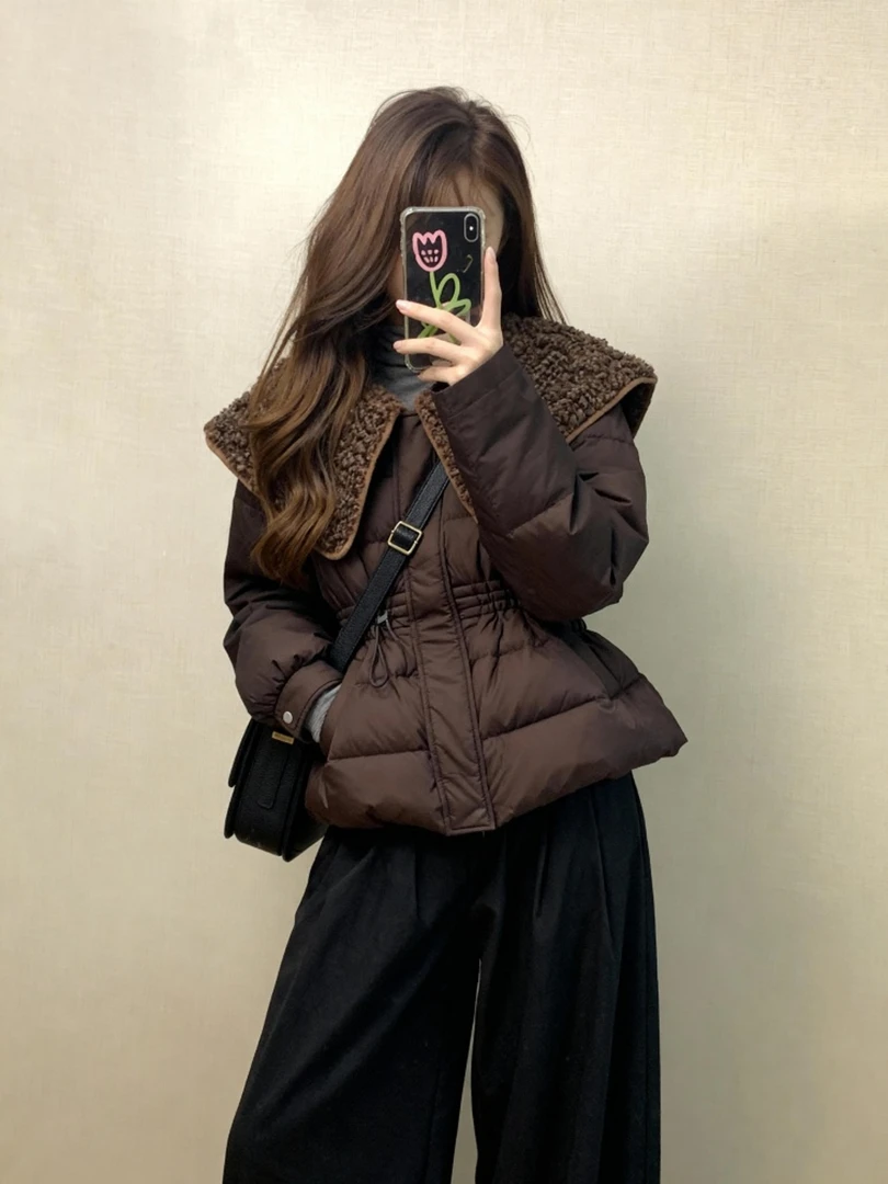 咖色大翻领棉服女款2025巨好看的冬装韩系外套洋气轻薄收腰小棉袄