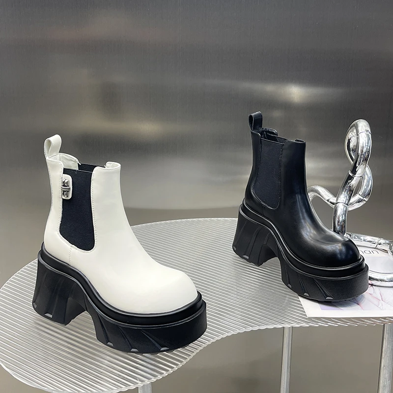 粗跟切尔西短靴女2025新款小个子厚底防水台高跟烟筒靴SJ3361-12