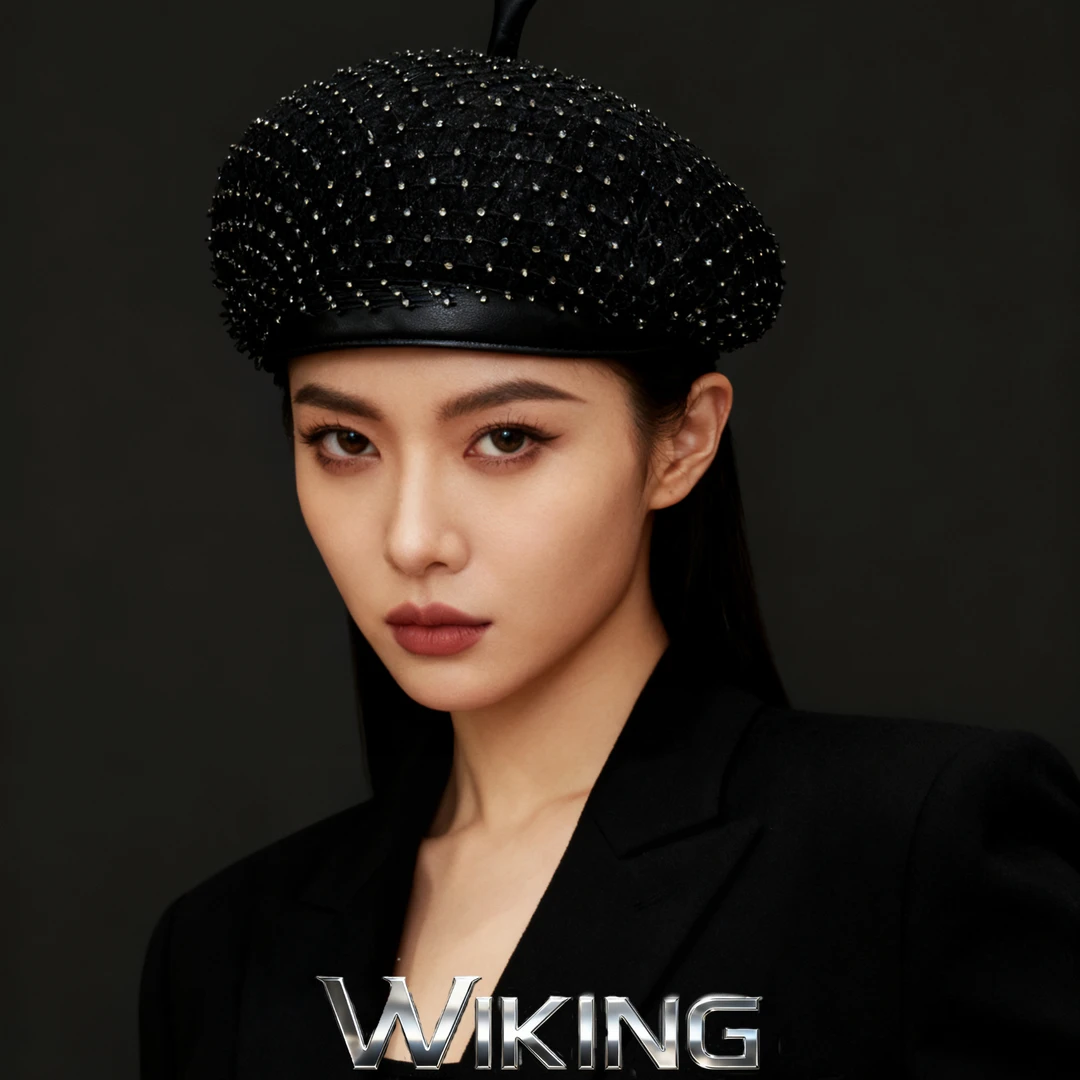 王大嘴原创 ”黑白网钻“秋冬奢华手工缝制网钻羊毛贝雷帽M123