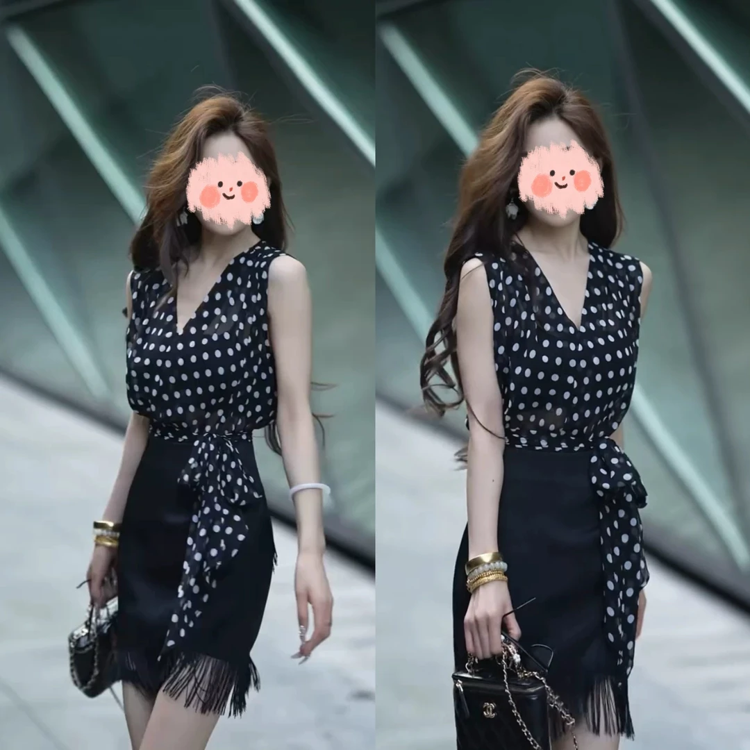 2025夏季网红新款时尚两件套裙女轻熟风波点无袖上衣+流苏半身裙