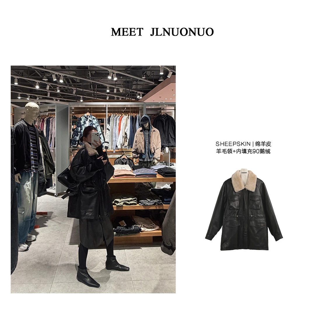 JLNUONUO    [柏林]设计风多袋抽腰羊毛领植鞣羊皮鹅绒皮衣