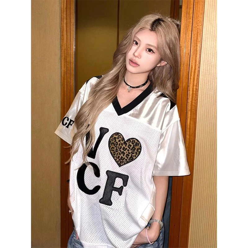 大码女装200斤短袖t恤夏2025新款韩版中长宽松刺绣花V领上衣潮流