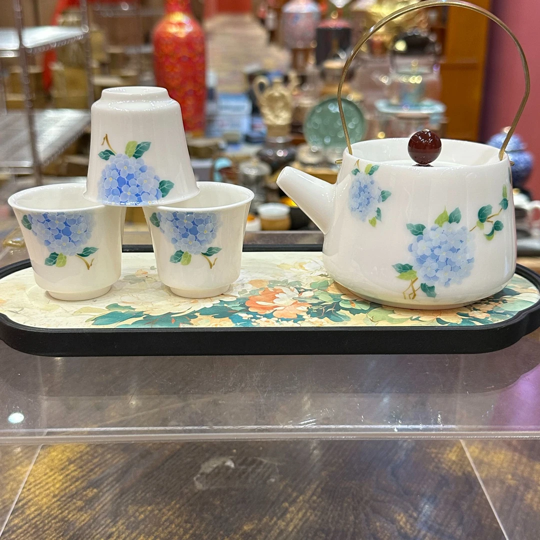 【闪购商品】羊脂玉绣球花提梁壶一壶三杯 带茶盘999180