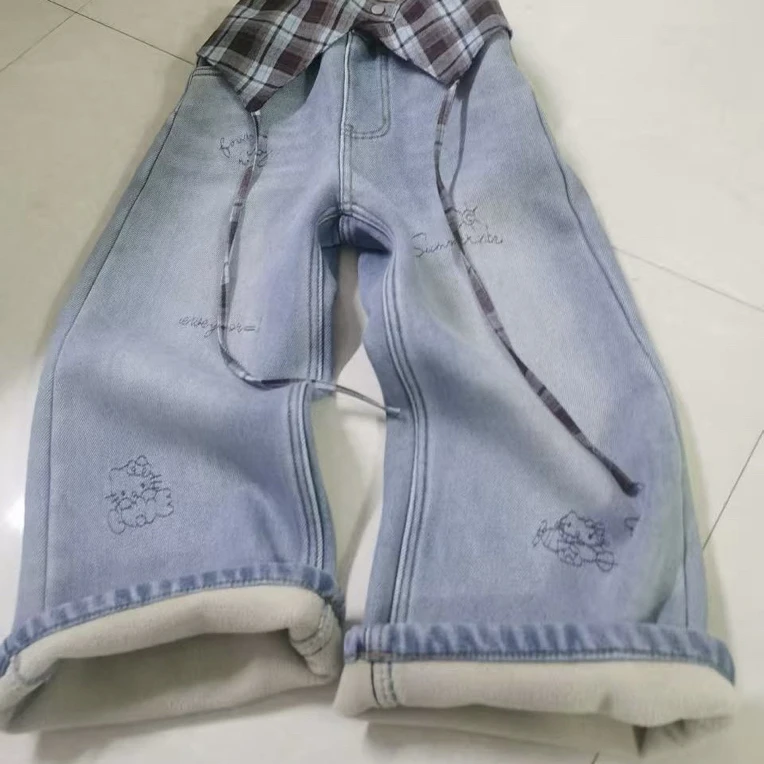 9986童装可拆格子屁帘加绒牛仔裤