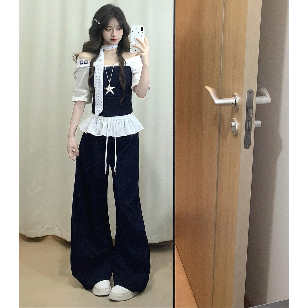 夏季新款时尚套装撞色荷叶蕾丝花边撞色上衣女宽松黑色长裤两件套