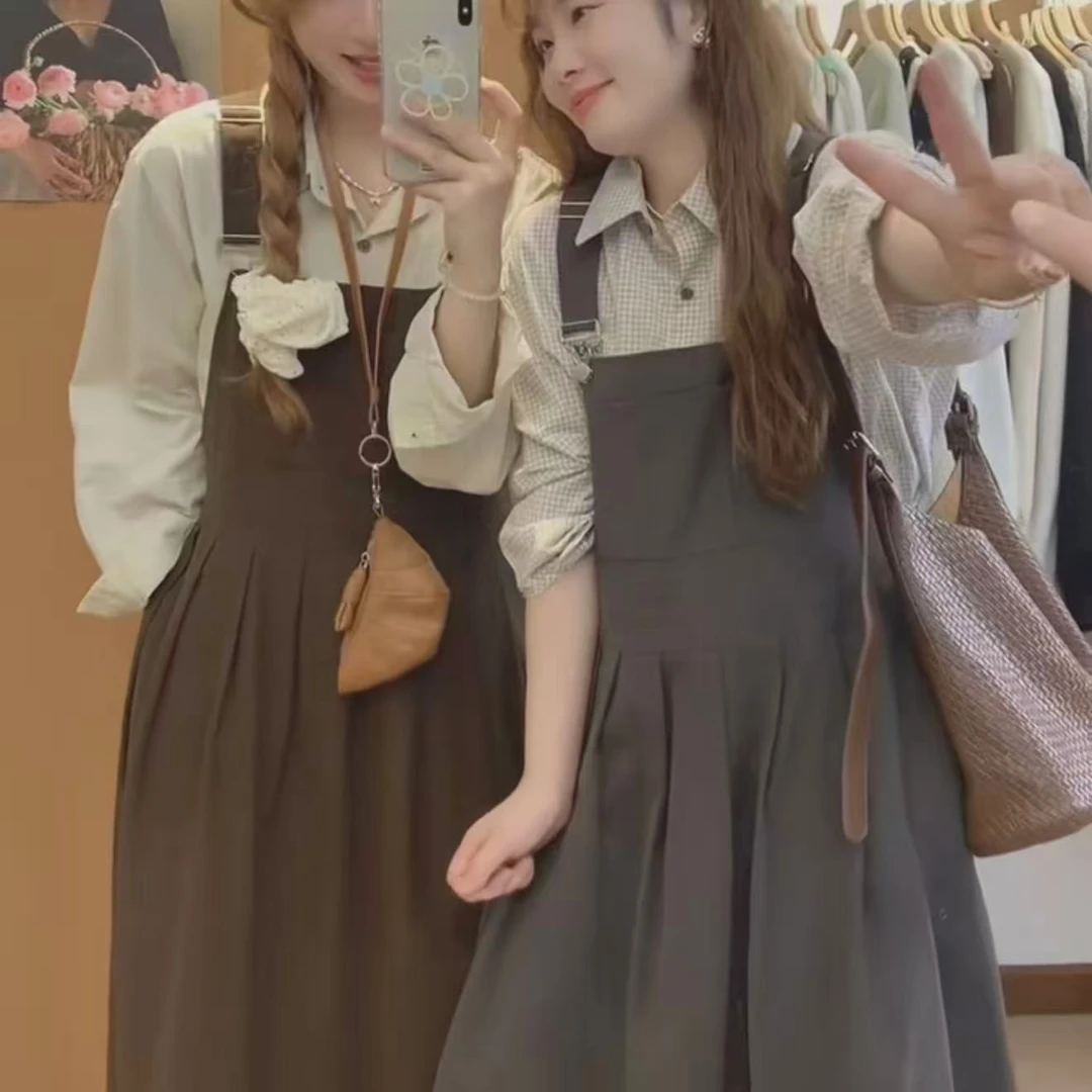 韩系复古学院风减龄背带连衣裙衬衫洋气两件套