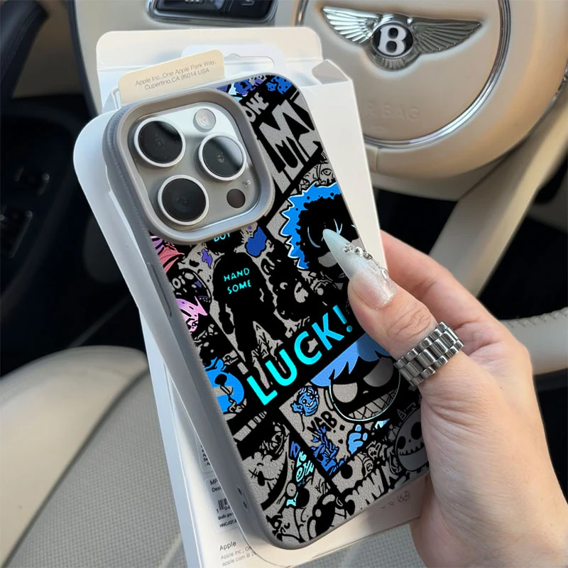 涂鸦风男孩适用苹果16p/15手机壳iPhone14promax13荔枝纹12软壳11