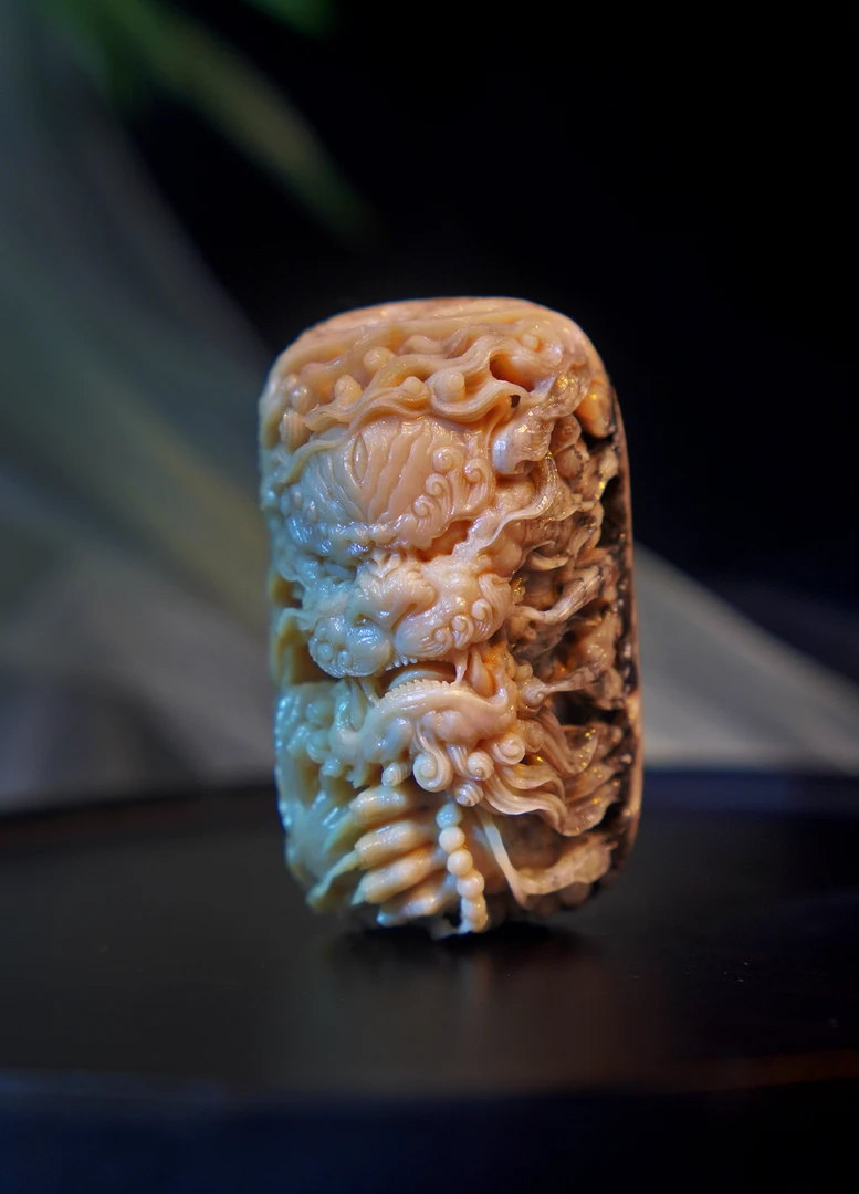 天然猛犸牙/手工雕刻作品/双禄/特色咖料/文玩收藏