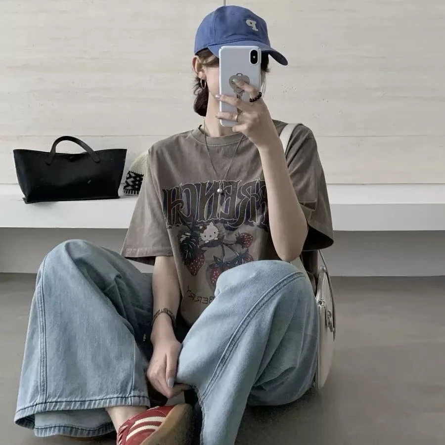 100%棉重磅水洗草莓T恤女款宽松休闲夏季新款