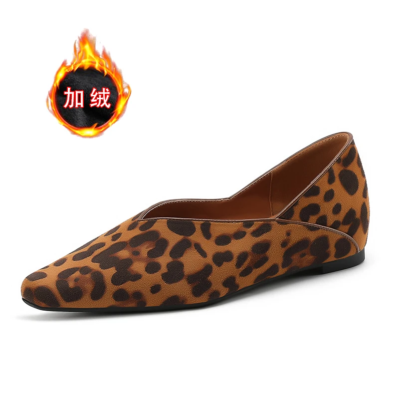 尖头豹纹内增高单鞋女秋冬绒面法式通勤两穿平底单鞋瓢鞋奶奶鞋