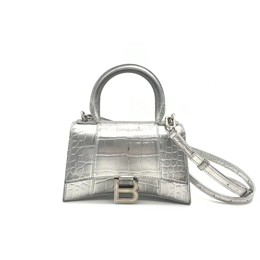 95新 Balenciaga/巴黎世家 【安则专属】银色鳄压沙漏包/XS码