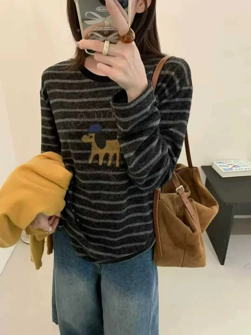 卡通小狗撞色条纹长袖T恤女韩系百搭圆领宽松上衣潮5630
