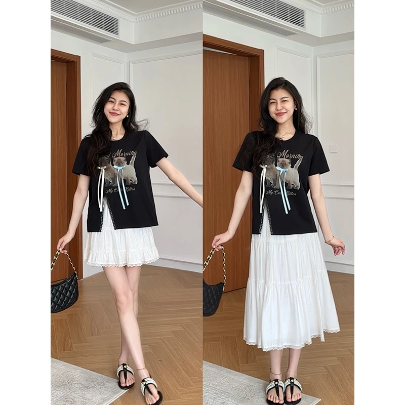 张阿星【夏风呢喃】正肩立体蝴蝶结猫咪T恤+长短蛋糕裙  W425A10200