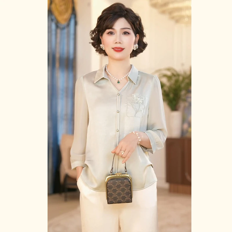 年轻妈妈装春夏衬衣T恤小衫2025新款洋气中老年女装时尚雪纺上衣