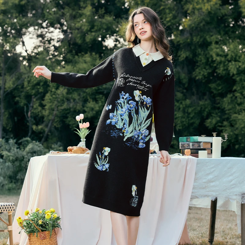 两三事梵高文艺绿野追忆 花卉图案假两件毛衣连衣裙S24DLY149