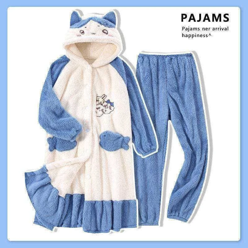 可爱小八珊瑚绒睡袍女冬季连帽长袖学生加绒卡通保暖家居服套装