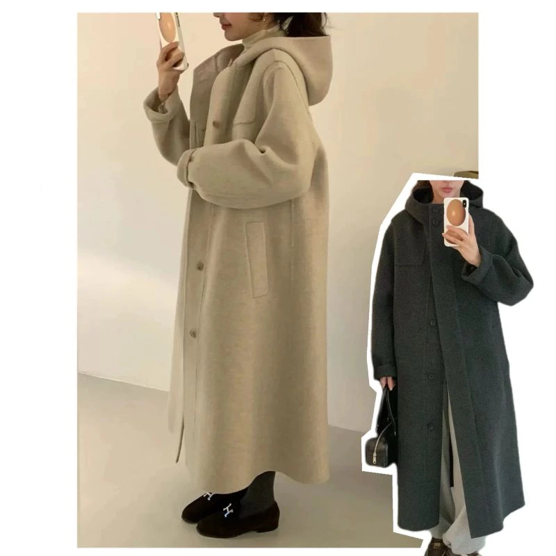 【蛋休闲羊绒外套】Y韩单冬季连帽长款毛呢大衣50羊毛+50羊绒2500