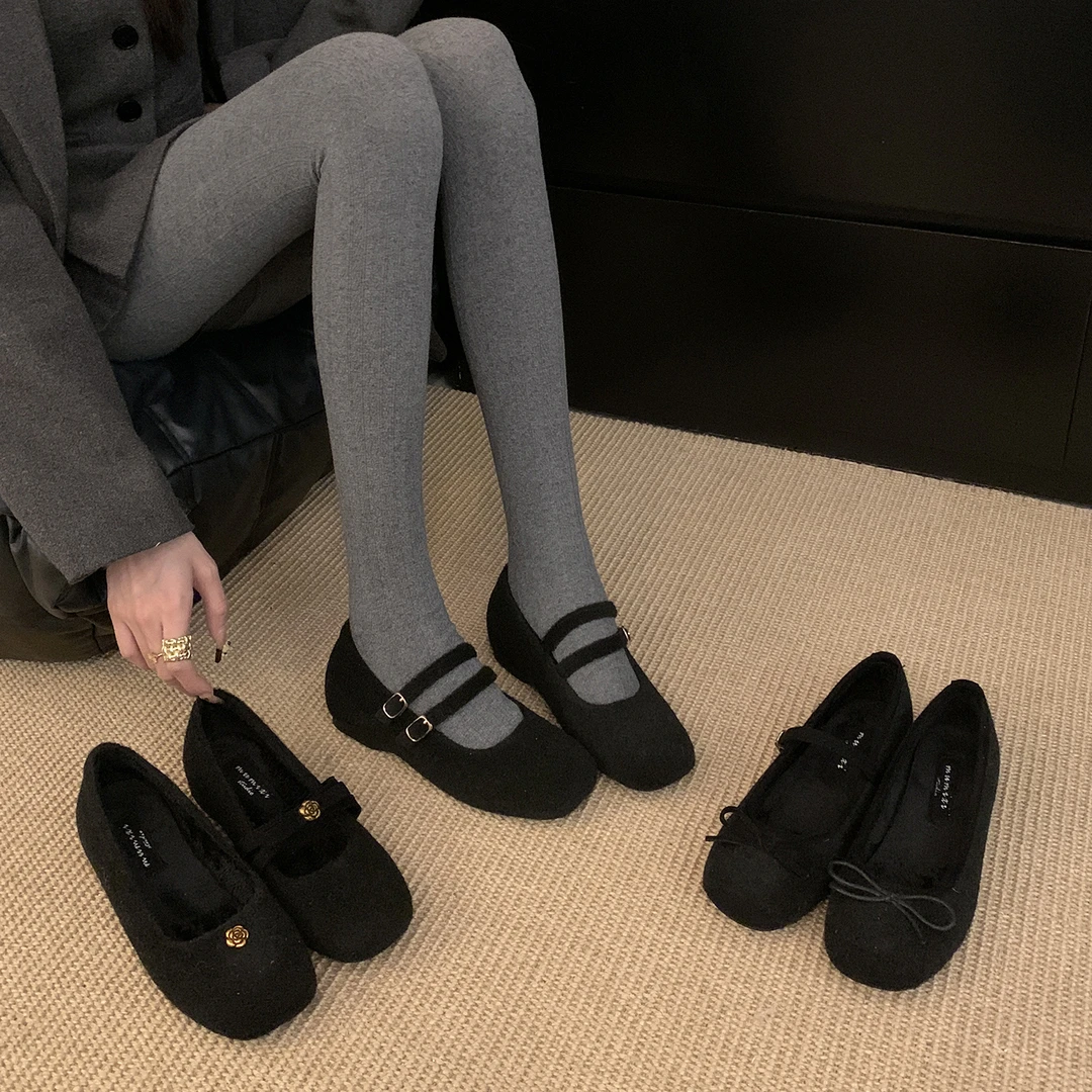 小香风毛呢内增高加绒单鞋女2025秋冬新款厚底方头毛毛豆豆鞋瓢鞋