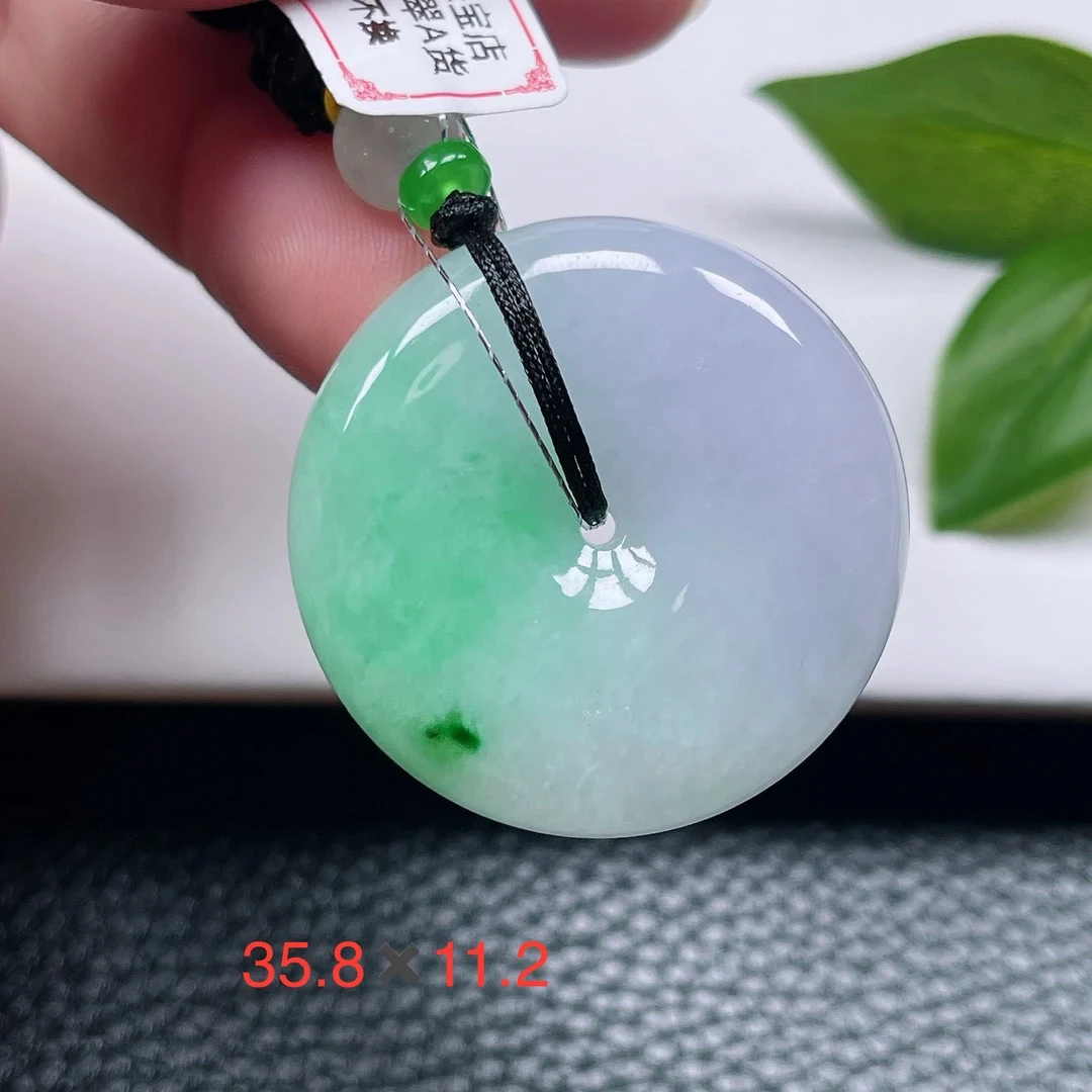 天然缅甸翡翠A货～冰糯种春带彩飘花平安扣吊坠厚装大件玉扣挂件X