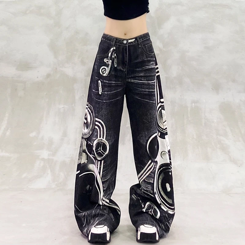 2025春秋新款复古个性卡通印花牛仔裤女高腰宽松显瘦直筒阔腿潮裤