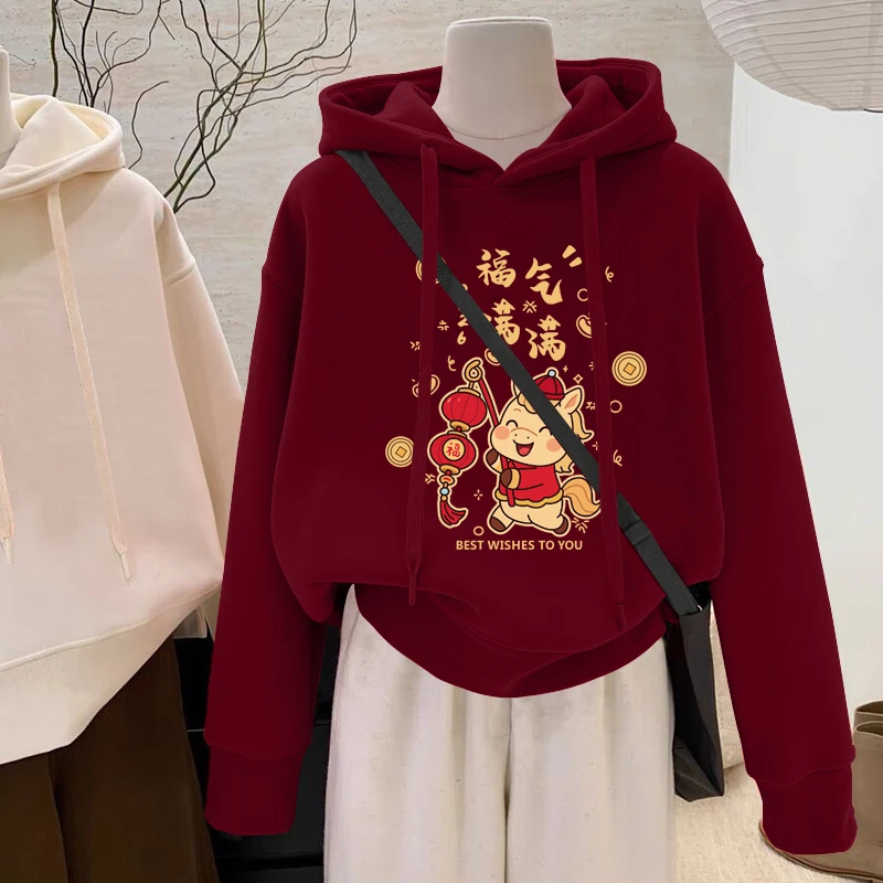 设计感小众秋冬新款2026加绒套头红色连帽卫衣女短款宽松韩版外套