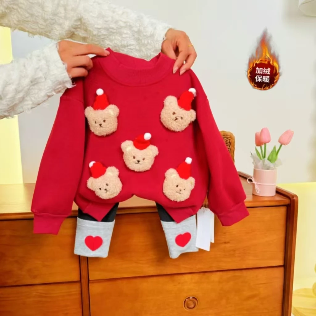 28089(买上衣送裤子）圣诞款小熊卫衣女童打底裤加绒加厚