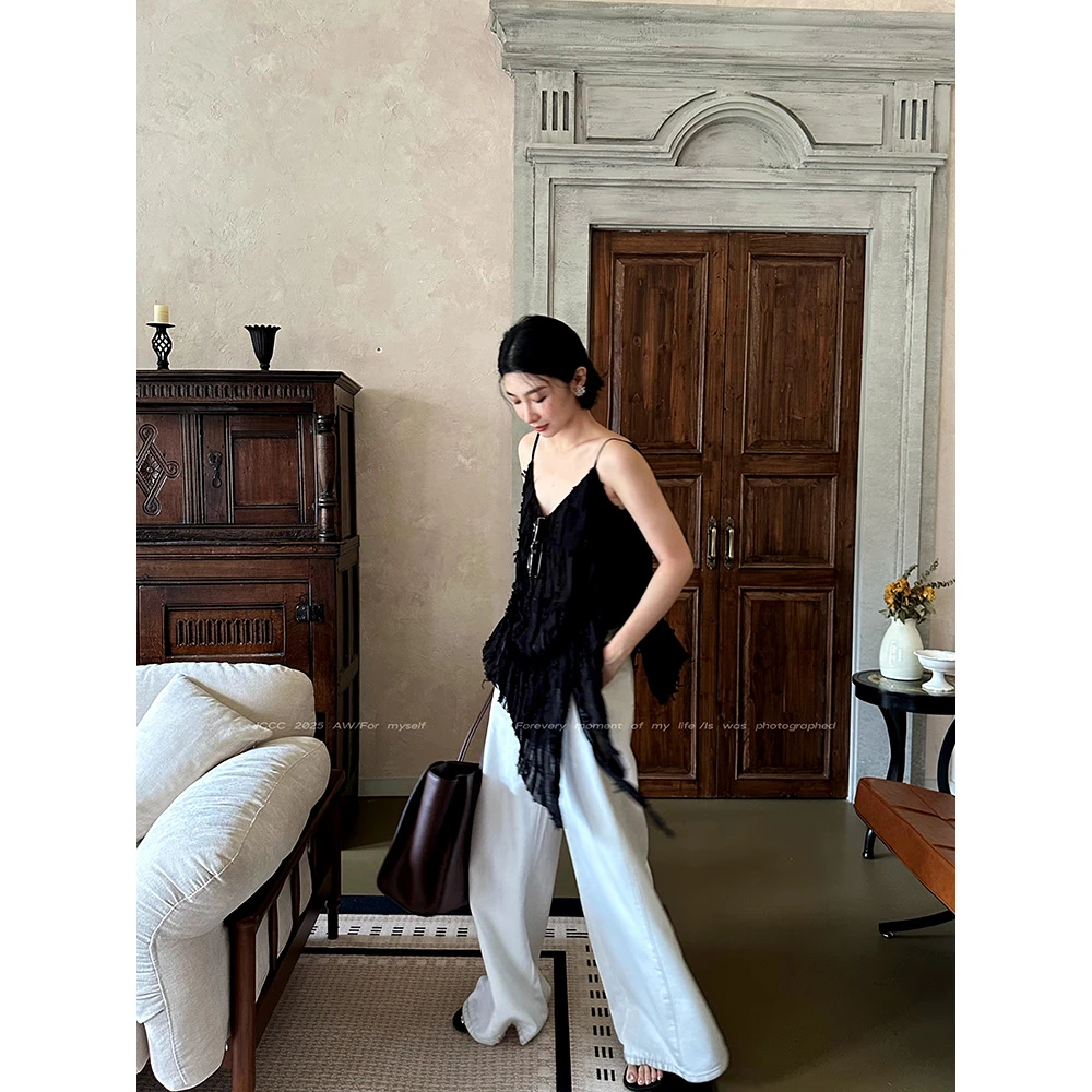JCCC影子【暗灼】黑色毛边设计感不规则下摆吊带背心JE4BSZ35