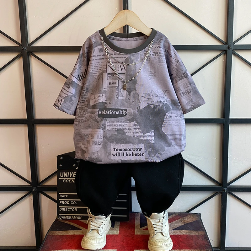 休闲风字母夏季套头上衣男孩男童帅气夏装童装韩版