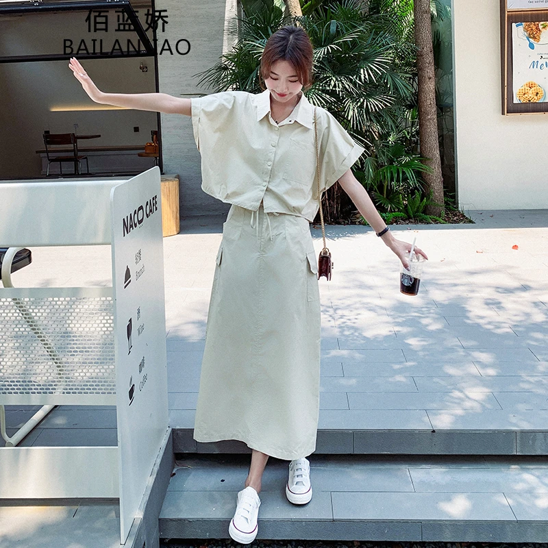 短袖工装套装裙女夏气质韩版高级感微胖遮肚显瘦减龄半身裙两件套