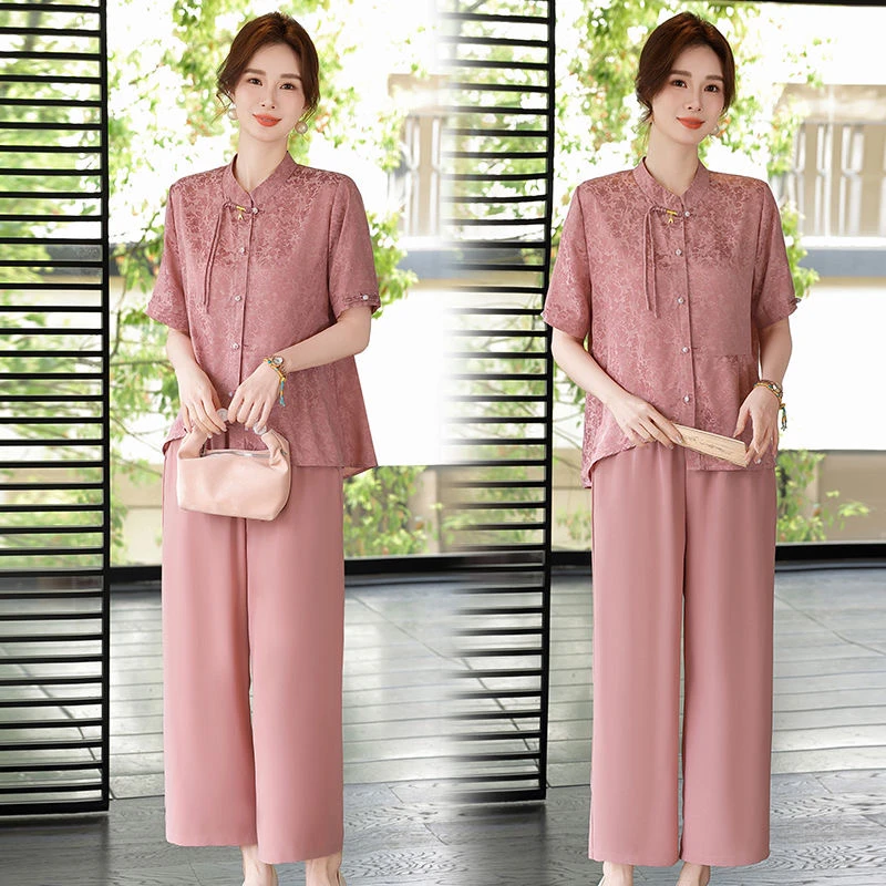 7223新中式中老年夏季女装短袖衬衫阔腿裤套装