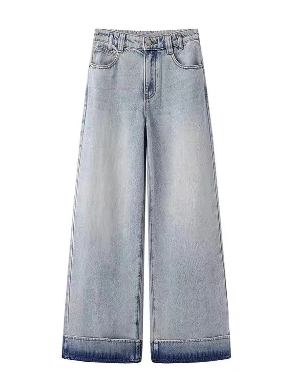 2025新品蓝色毛边阔腿牛仔裤