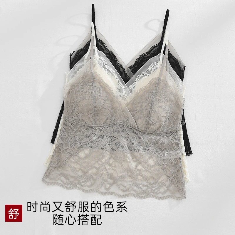 薄镂空法式蕾丝吊带背心女一体杯交叉长款裹胸性感打底上衣
