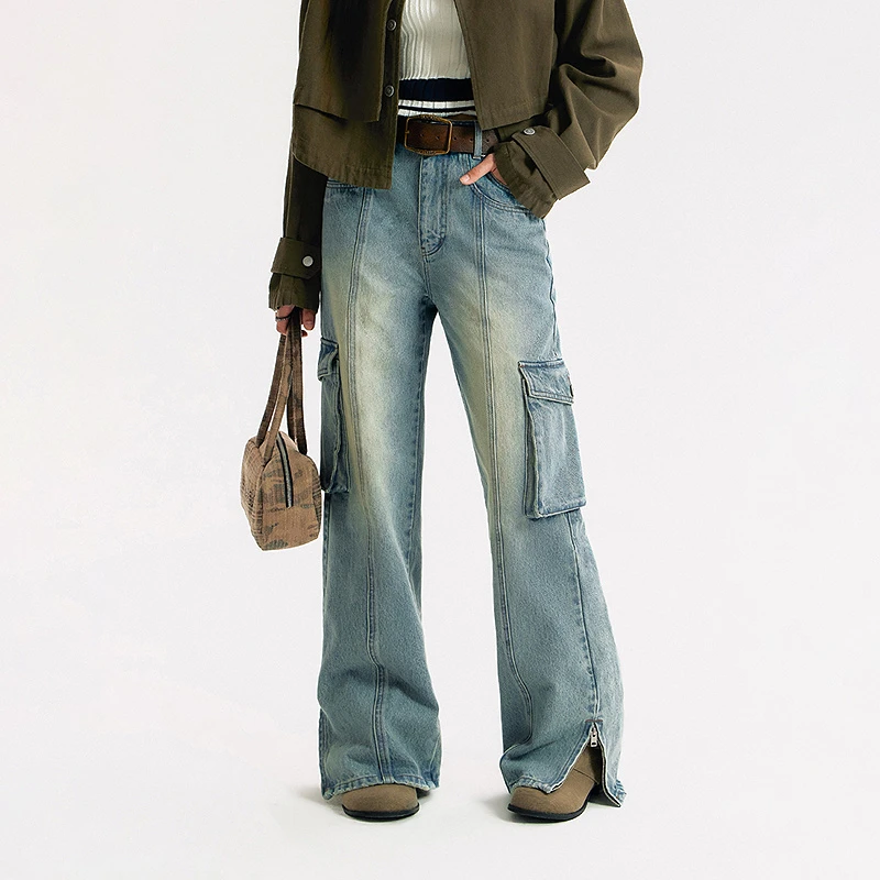 NO ONE ELSE美式复古女装秋季水洗磨白宽松长裤子口袋阔腿牛仔裤